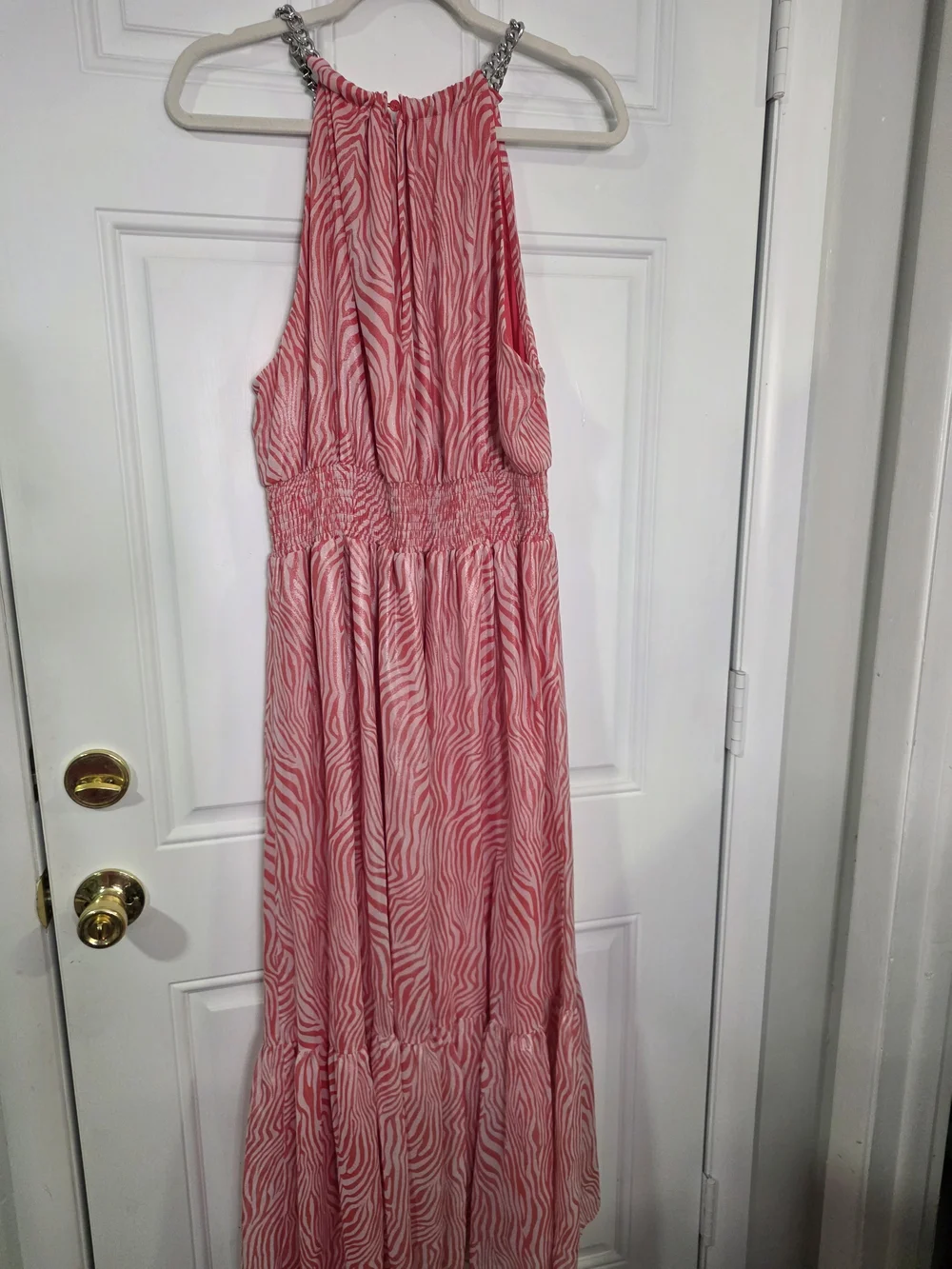 Michael Kors Pink Zebra-Print Halter Maxi Dress with Chain Detail
